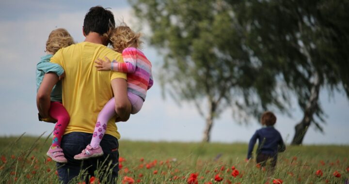 man carrying to girls on field of red petaled flower